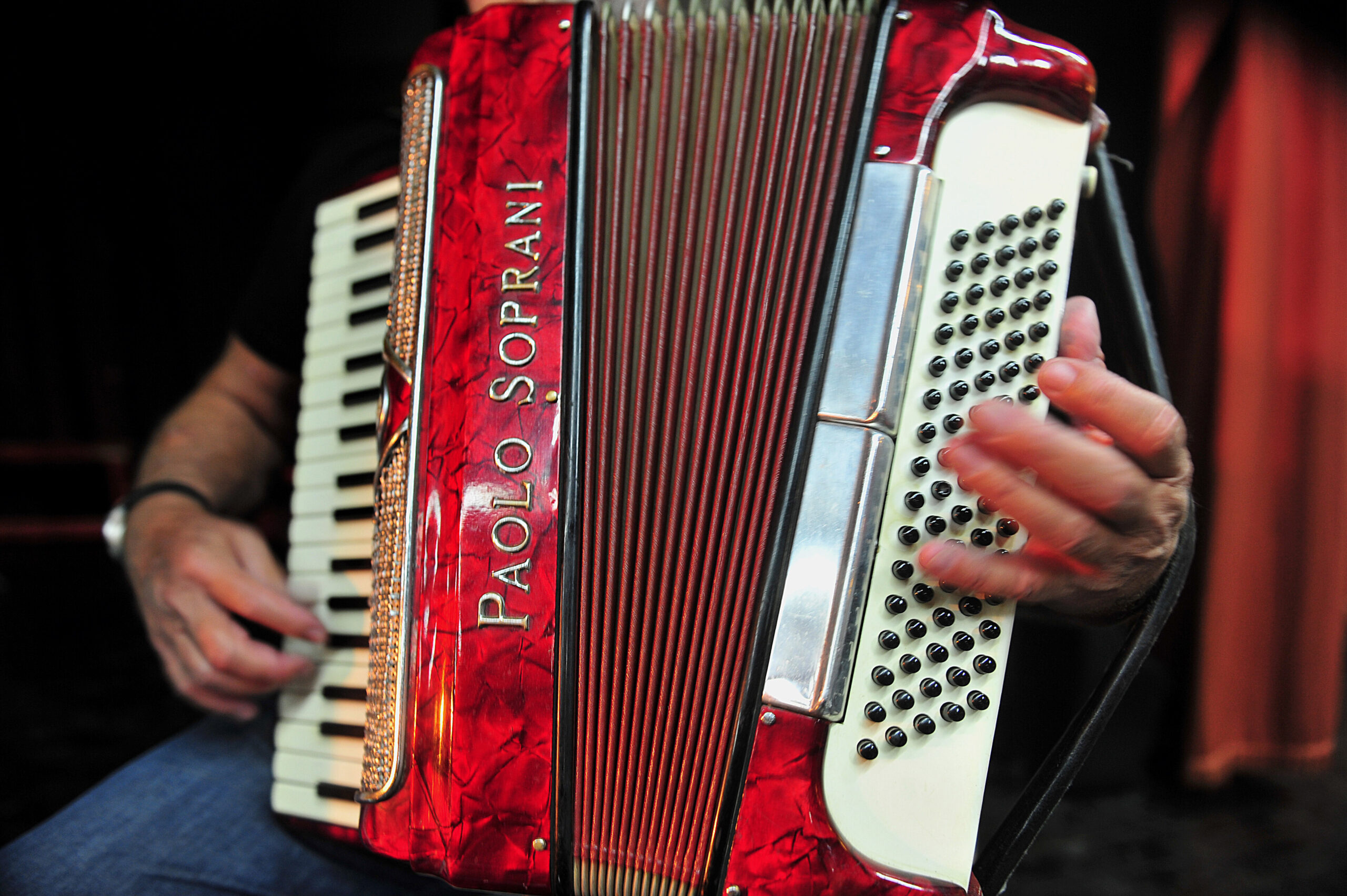 a foto mostra um homem tocando gaita missioneira