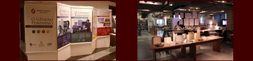Duas fotos: a da esquerda com banners sobre o gênero feminino; à direita, foto do espaço memorial ; há uma mesa grande situada à frente de uma coluna de espelhos, com processos / livros expostos.