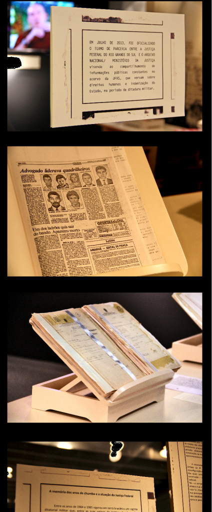 Sequencia de fotos , uma embaixo da outra: a primeira com um quadro escrito: "Em julho de 2013, foi oficializado o termo de parceria entre a Justiça Federal do Rio Grande do Sul e o Arquivo Nacional / Ministério da Justiça visando ao compartilhamento de informações púbicas constantes no acervo da JFRS, que versam sobre direitos humanos e indenização do Estado, no período da ditadura militar". Logo abaixo, na segunda foto, há um jornal com a chamada "Advogado liderava quadrilheiros" , com uma reportagem a respeito (não legível na foto). Ma terceira foto , há um processo exposto .
