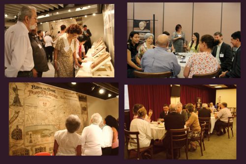 imagem/ montagem com 4 fotos : a primeira acima à esquerda : processos expostos num apoio e pessoas olhando e lendo. Na parede do fundo um adesivo na parede (Planta da cidade de Porto Alegre) com pessoas em volta. a segunda acima à direita: uma mesa redonda com participantes conversando e rindo . Primeira foto abaixo à esquerda: senhoras observando um adesivo na parede (Planta da cidade de Porto Alegre) ; segunda foto abaixo à direita: 3 meses redondas com pessoas sentadas.