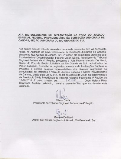 imagem da ata da solenidade de instalação da vara com texto e assinaturas
