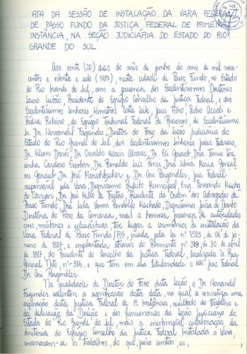 Ata de instalação da Primeira Vara Federal de Passo Fundo, 20/06/1987.