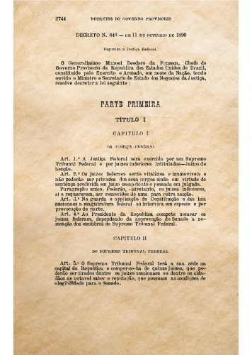 Página inicial do decreto 848 de 1890 que organiza a Justiça Federal.